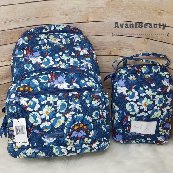 Vera Bradley Essential Backpack Floral Bursts Cotton Lunch Bunch set Bookbag